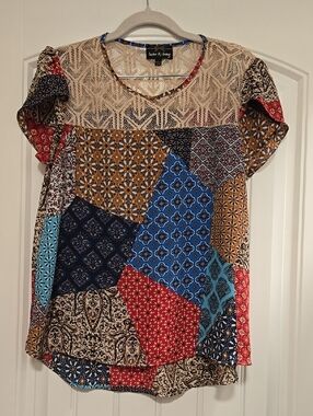 🌟7/25$ Boutique Multicolor Patchwork Print Short Sleeve Top